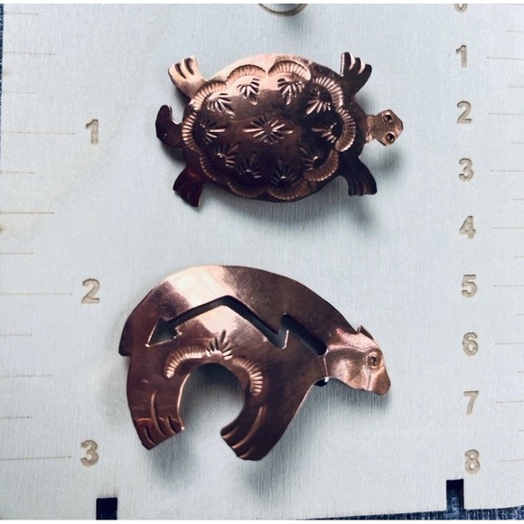 Jewelry - Navajo Stamped Copper Spirit Bear & Turtle Lapel Fetish Pin Brooch